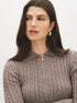 Brown Melange Cable Stitch Zip-Front Sweater - Close-up Collar Detail - Suzy Shier