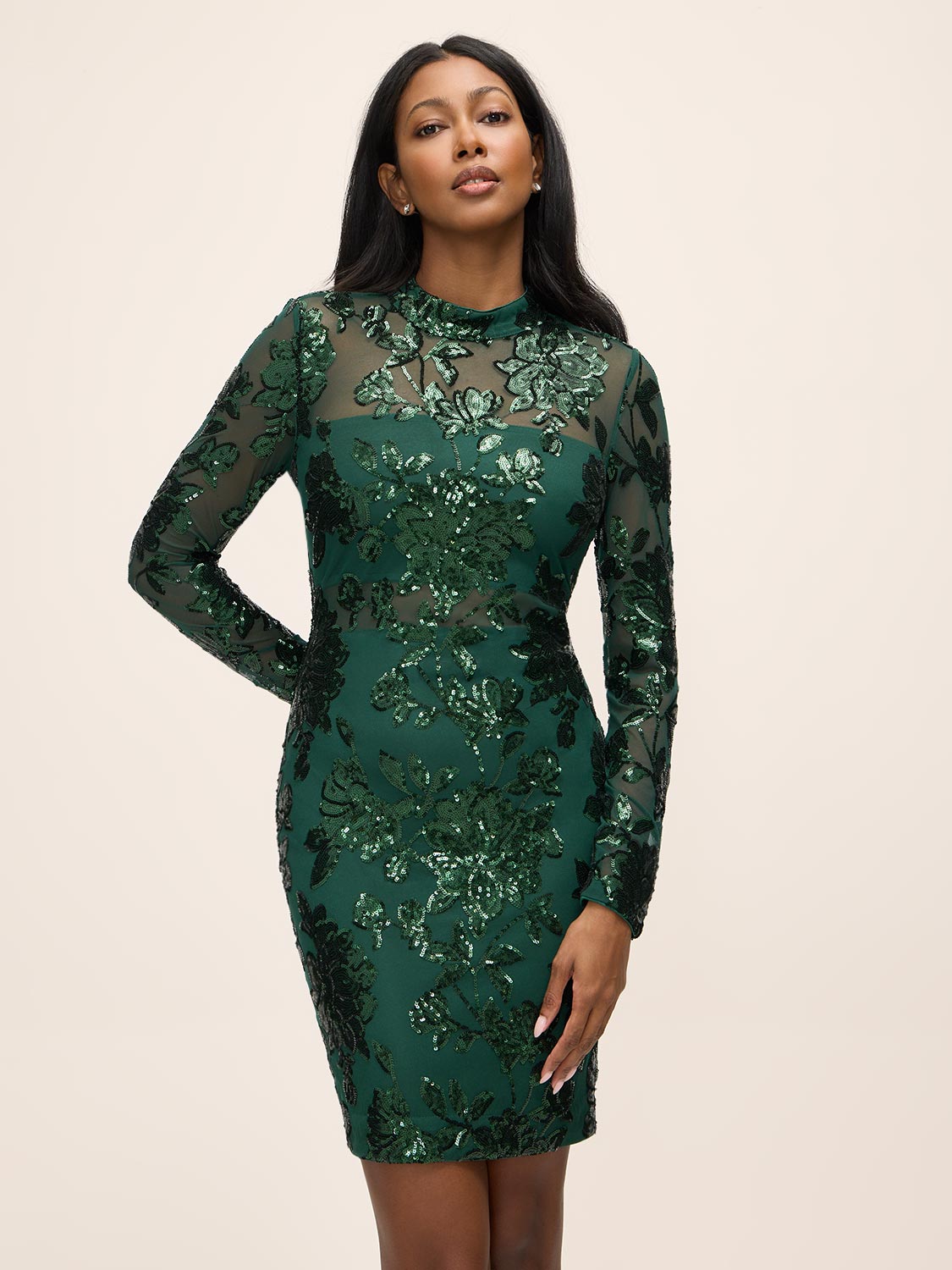 Dark Emerald Mock Neck Mesh Mini Dress - Front View - Le Chateau