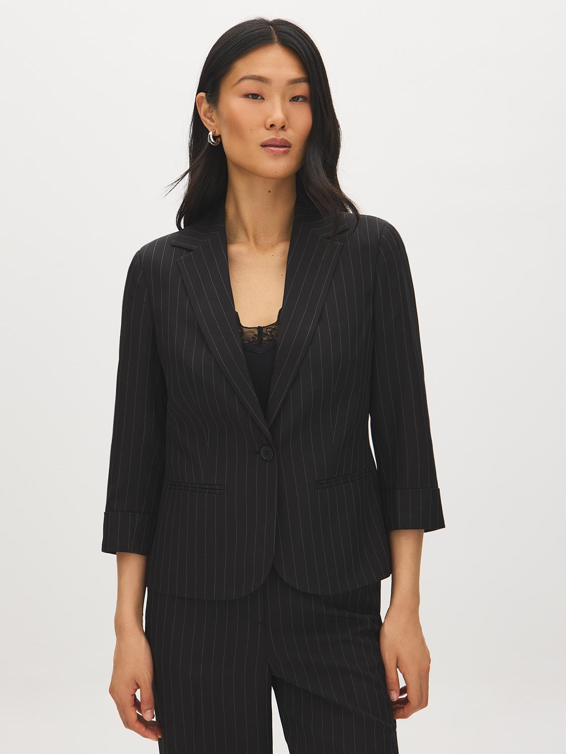 Black/White Striped One-Button Blazer with Cuffed Sleeves - Woman Wearing Tailored Blazer - Suzy Shier