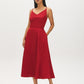 Ruby Red Textured Satin A-Line Midi Dress - Woman Wearing Elegant Midi Dress - Suzy Shier