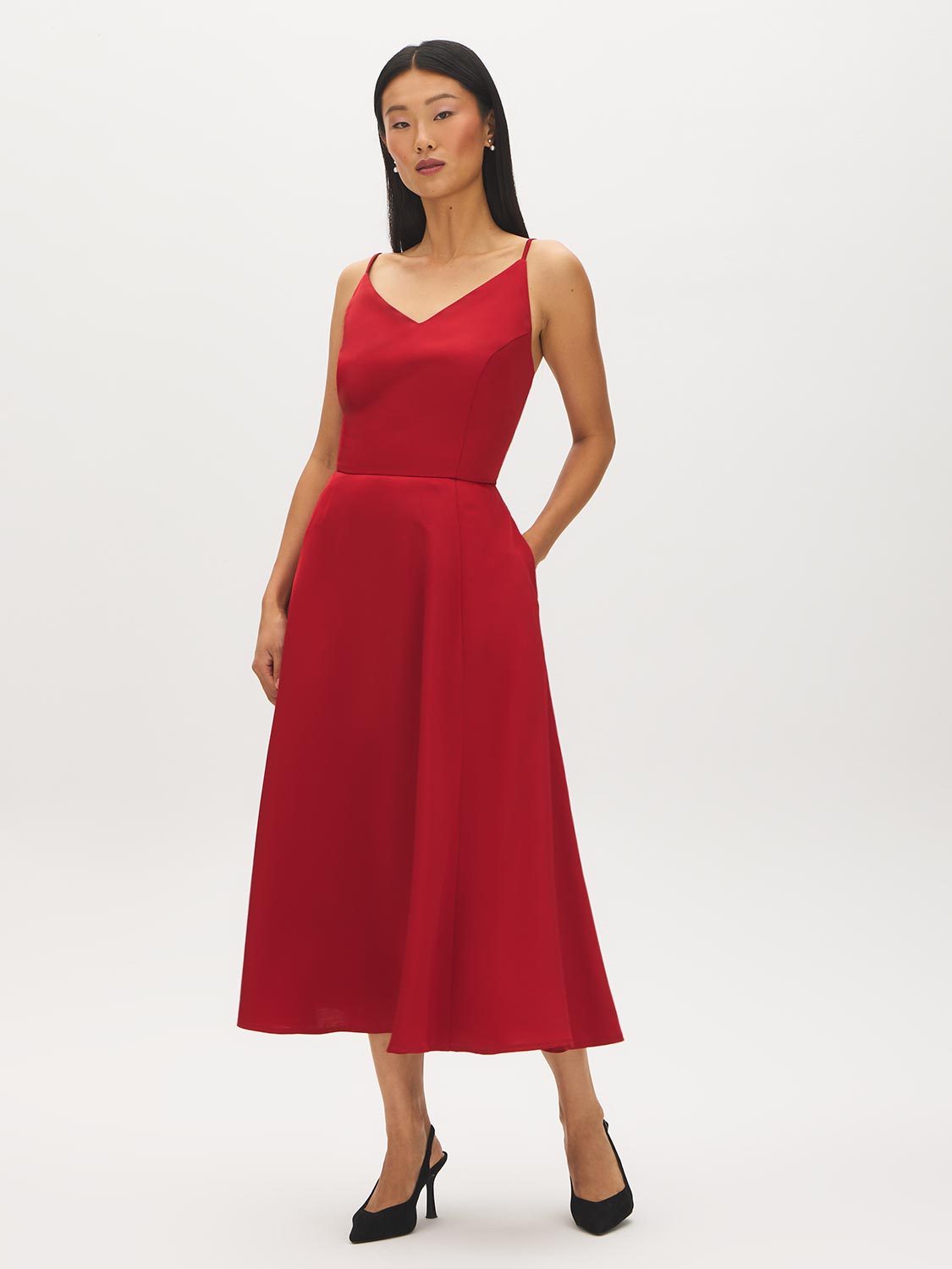 Ruby Red Textured Satin A-Line Midi Dress - Woman Wearing Elegant Midi Dress - Suzy Shier