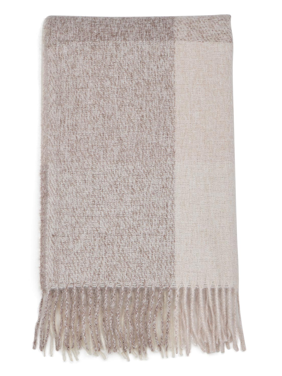 Oatmeal/Cream Brushed Plaid Scarf - Close-up Plaid and Fringe Detail - Suzy Shier