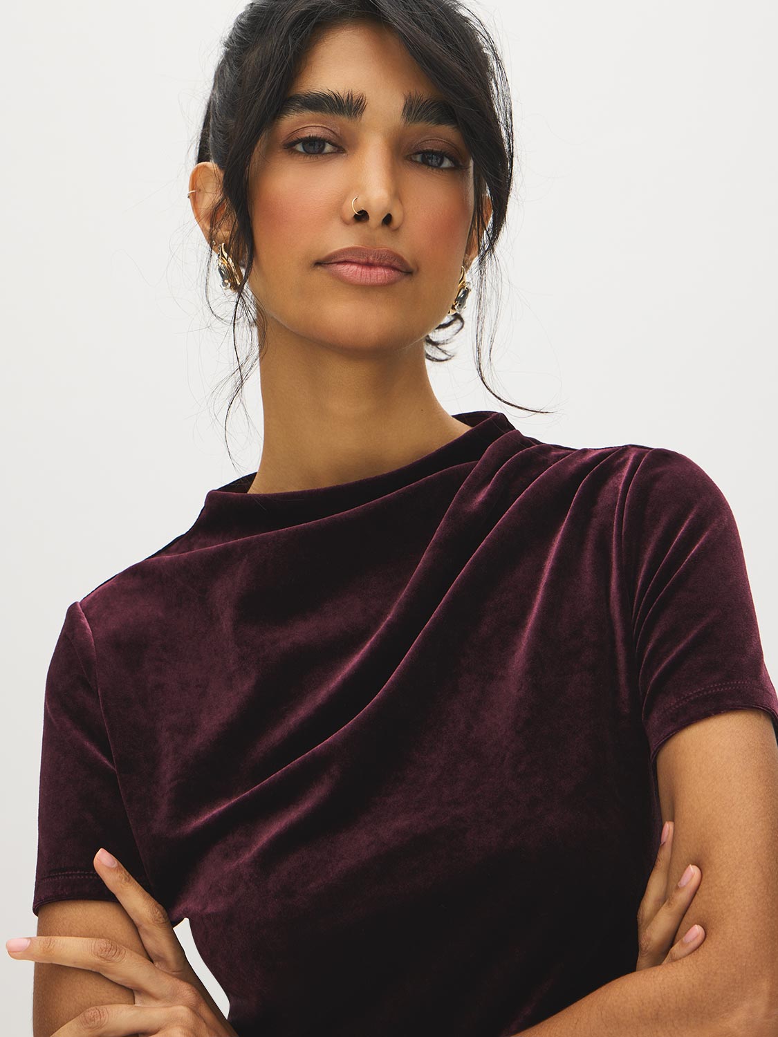 Midnight Plum Velour Mini Dress with Gathered Detail - Close-up Fabric Detail - Suzy Shier