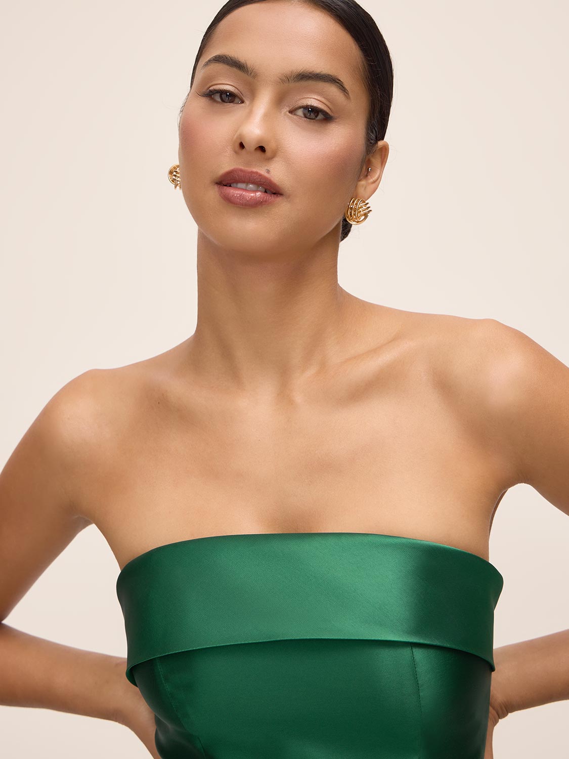 Dark Emerald Strapless Ballgown with Pleat Detail - Close-up Neckline Detail - Le Chateau