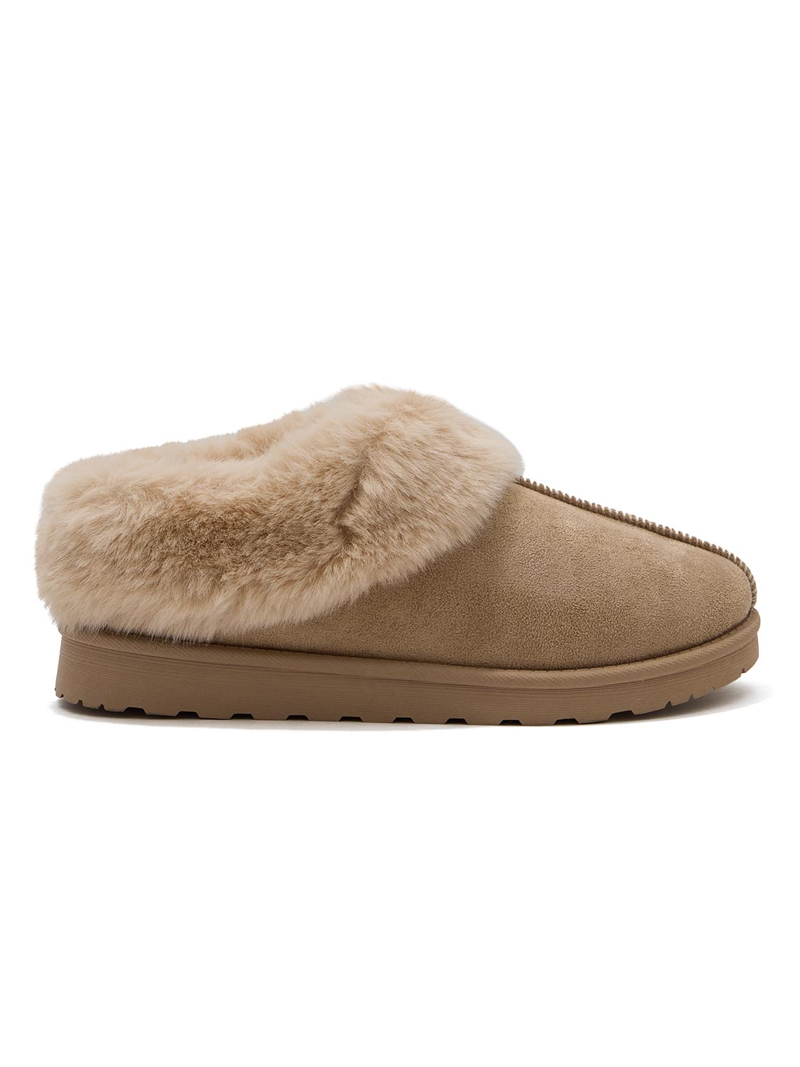 Light Mocha Faux Suede Slippers with Faux Fur Insole - Cozy Slip-On Design - Suzy Shier