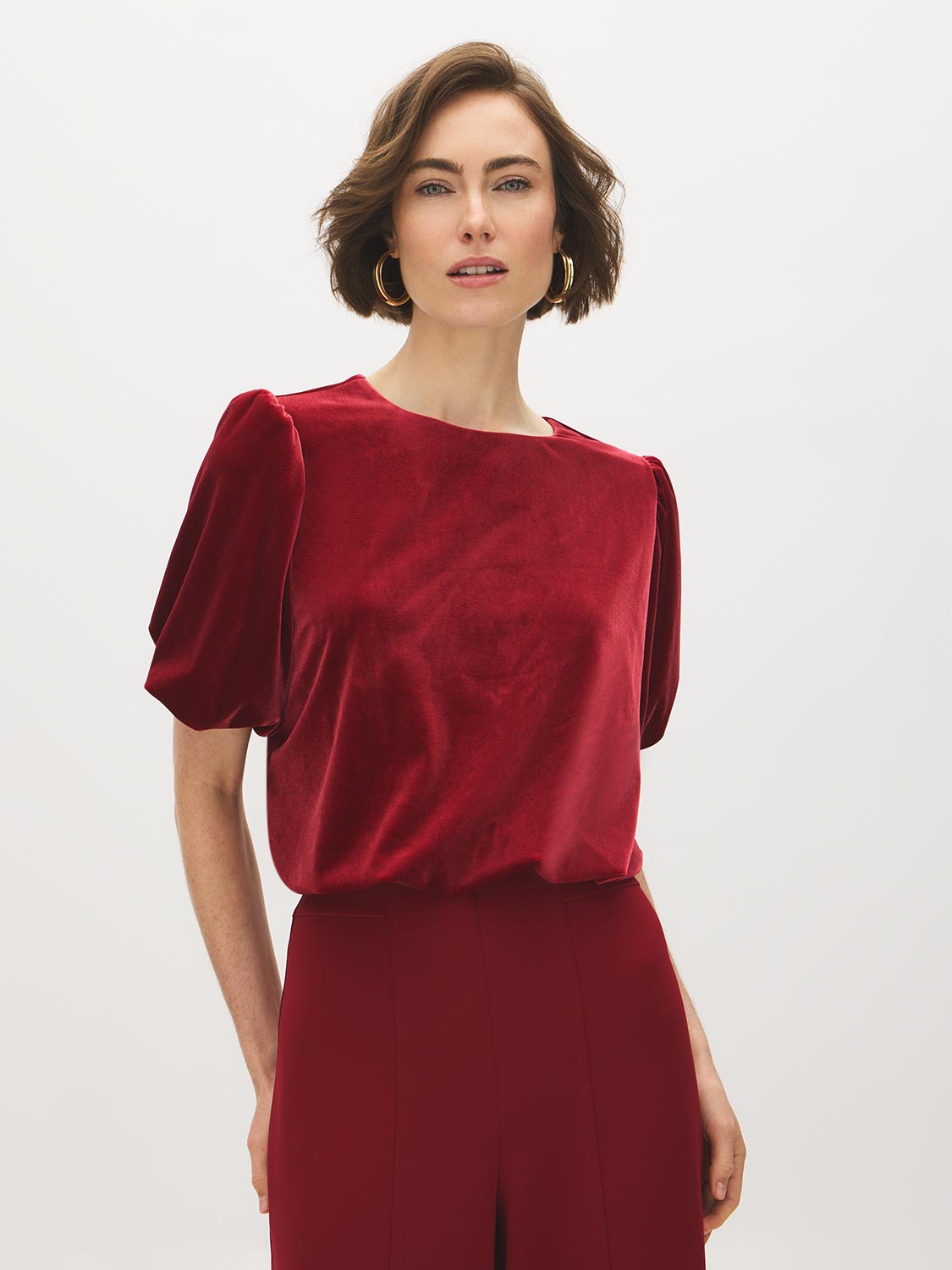 Lipstick Velvet Cropped Top with Balloon Sleeves - Front View - Suzy Shier
