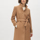 Camel Faux Wool Funnel Neck Coat with Wrap Belt - Front View with Belt - Suzy Shier