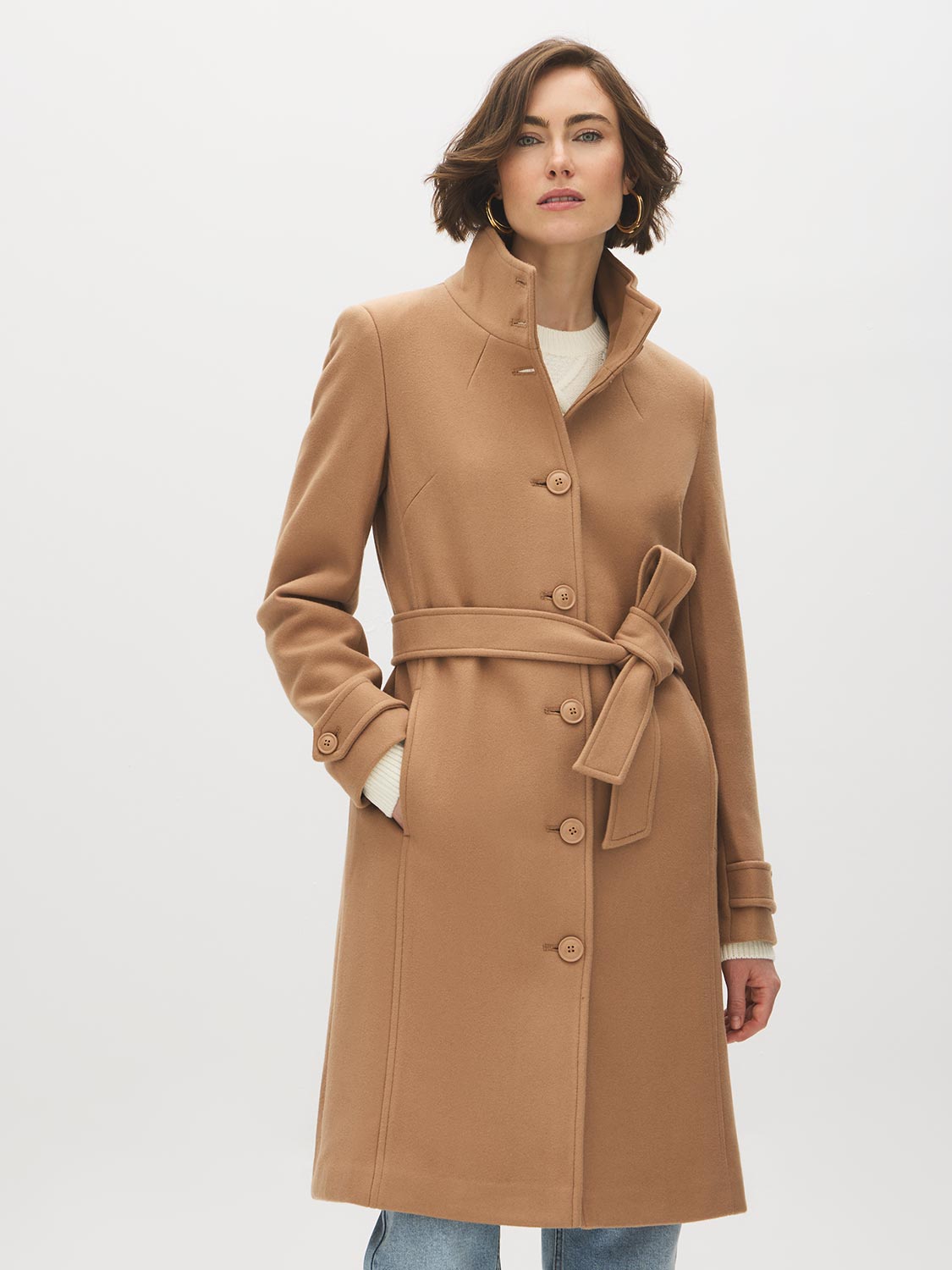 Camel Faux Wool Funnel Neck Coat with Wrap Belt - Front View with Belt - Suzy Shier