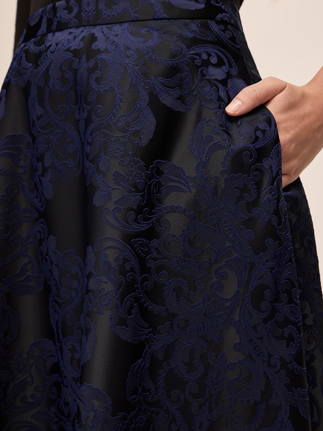 Sapphire/Black Baroque Jacquard Flared Skirt - Close-up Fabric Detail - Le Chateau