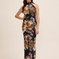 Black/Mocha Floral Satin Gown - Woman Wearing Sleeveless Mock Neck Evening Dress - Le Chateau