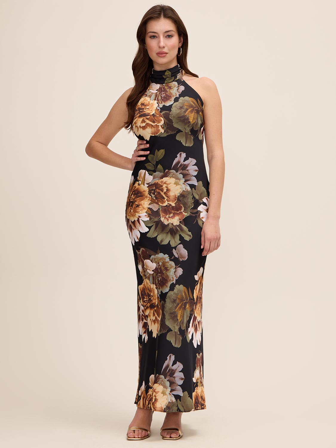 Black/Mocha Floral Satin Gown - Woman Wearing Sleeveless Mock Neck Evening Dress - Le Chateau