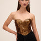 Black/Copper Sequin Bustier Dress with Draped Skirt - Side Upper Body View - Le Chateau