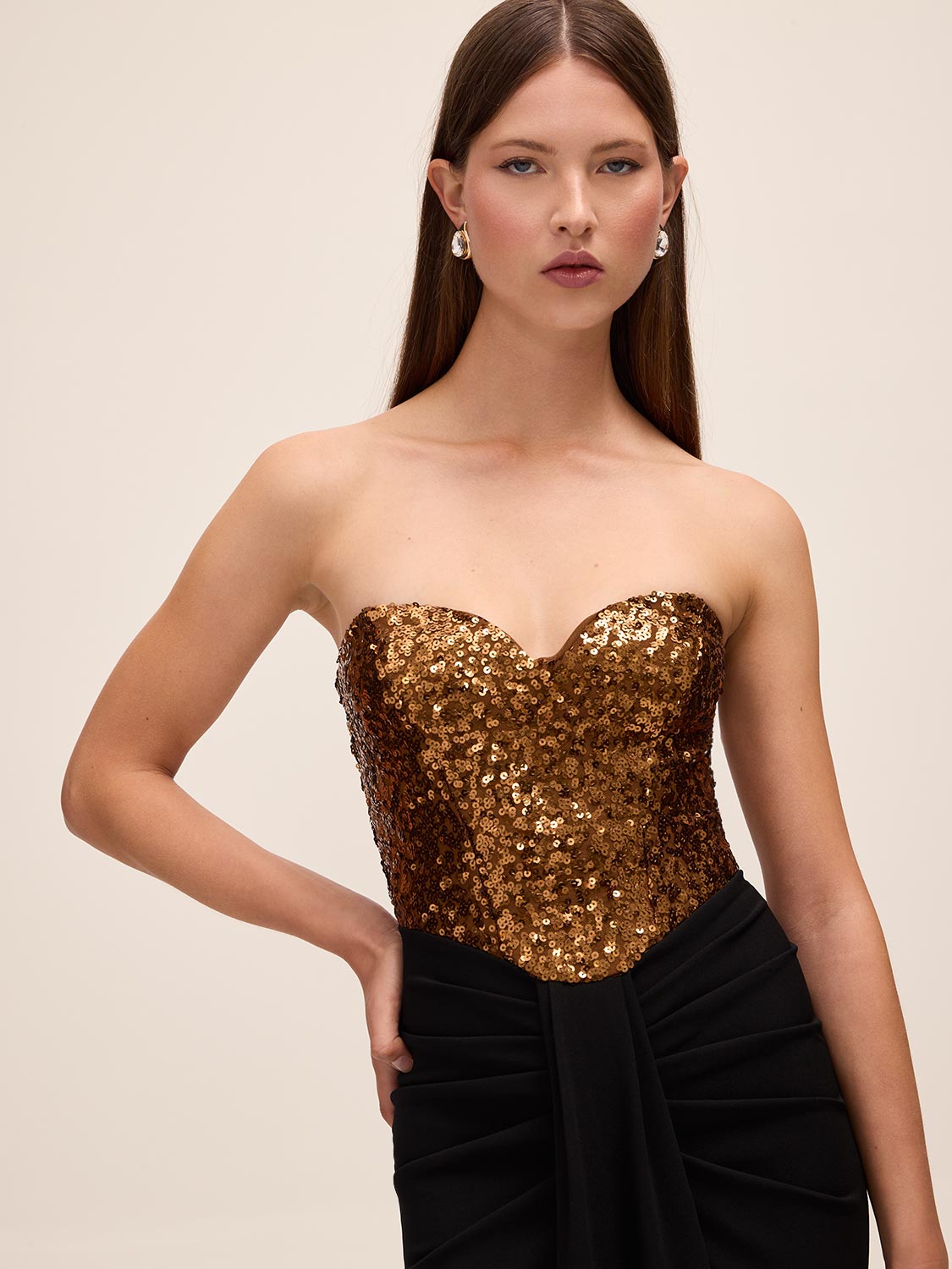 Black/Copper Sequin Bustier Dress with Draped Skirt - Side Upper Body View - Le Chateau
