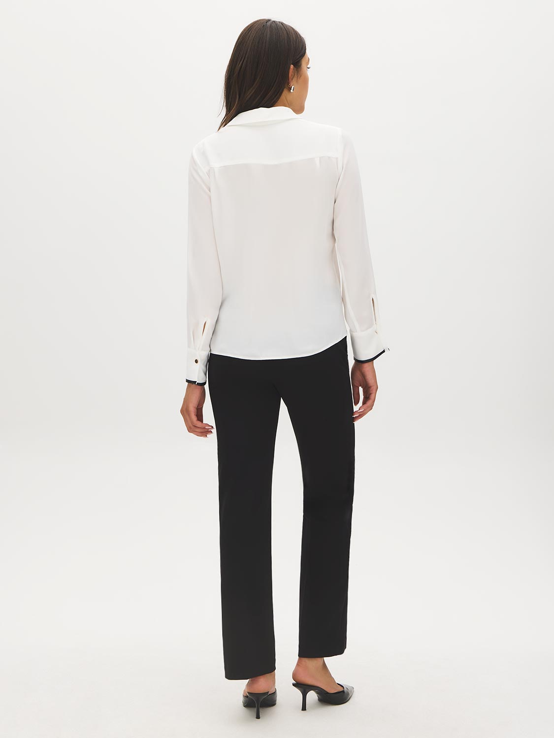 Bright White faux-leather Trim Long Sleeve Blouse - Back View - Suzy Shier