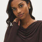 Coffee Bean Cowl Neck Mesh Top - Close-up Cowl Neck Detail - Suzy Shier