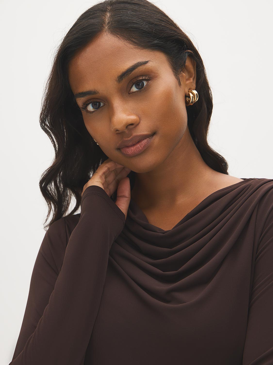 Coffee Bean Cowl Neck Mesh Top - Close-up Cowl Neck Detail - Suzy Shier