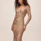 Antique Gold Floral Sequin Mesh Dress - Front View - Le Chateau