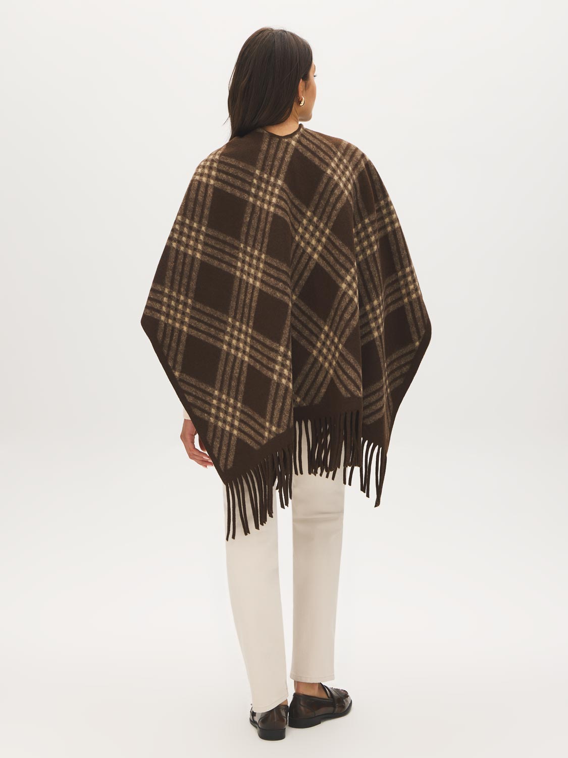 Brown Plaid Fringe Cape - Back View - Suzy Shier