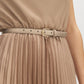 Camel Textured Satin Midi Dress with Cowl Neck - Close-up Belt Detail - Suzy Shier