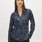 Navy Printed Satin V-Neck Blouse - Woman Wearing Paisley Patterned Blouse - Suzy Shier