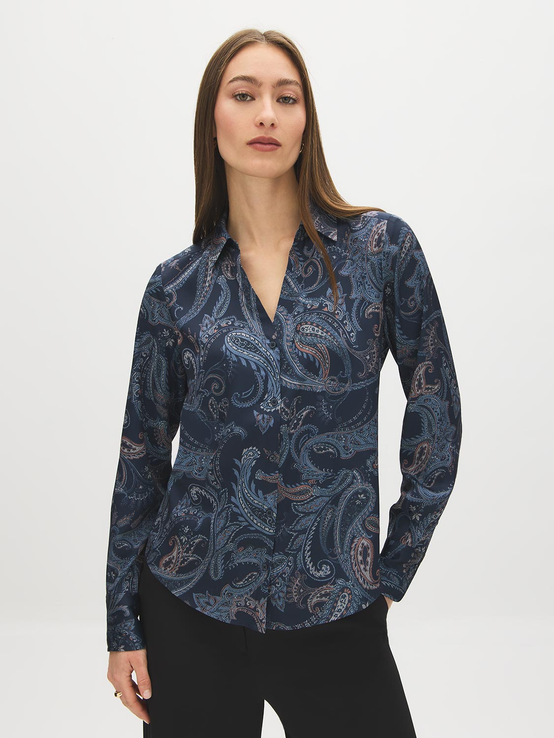 Navy Printed Satin V-Neck Blouse - Woman Wearing Paisley Patterned Blouse - Suzy Shier