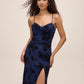 Midnight Blue Mesh Cowl Neck Gown with Floral Velvet Flocking - Side Profile View - Le Chateau