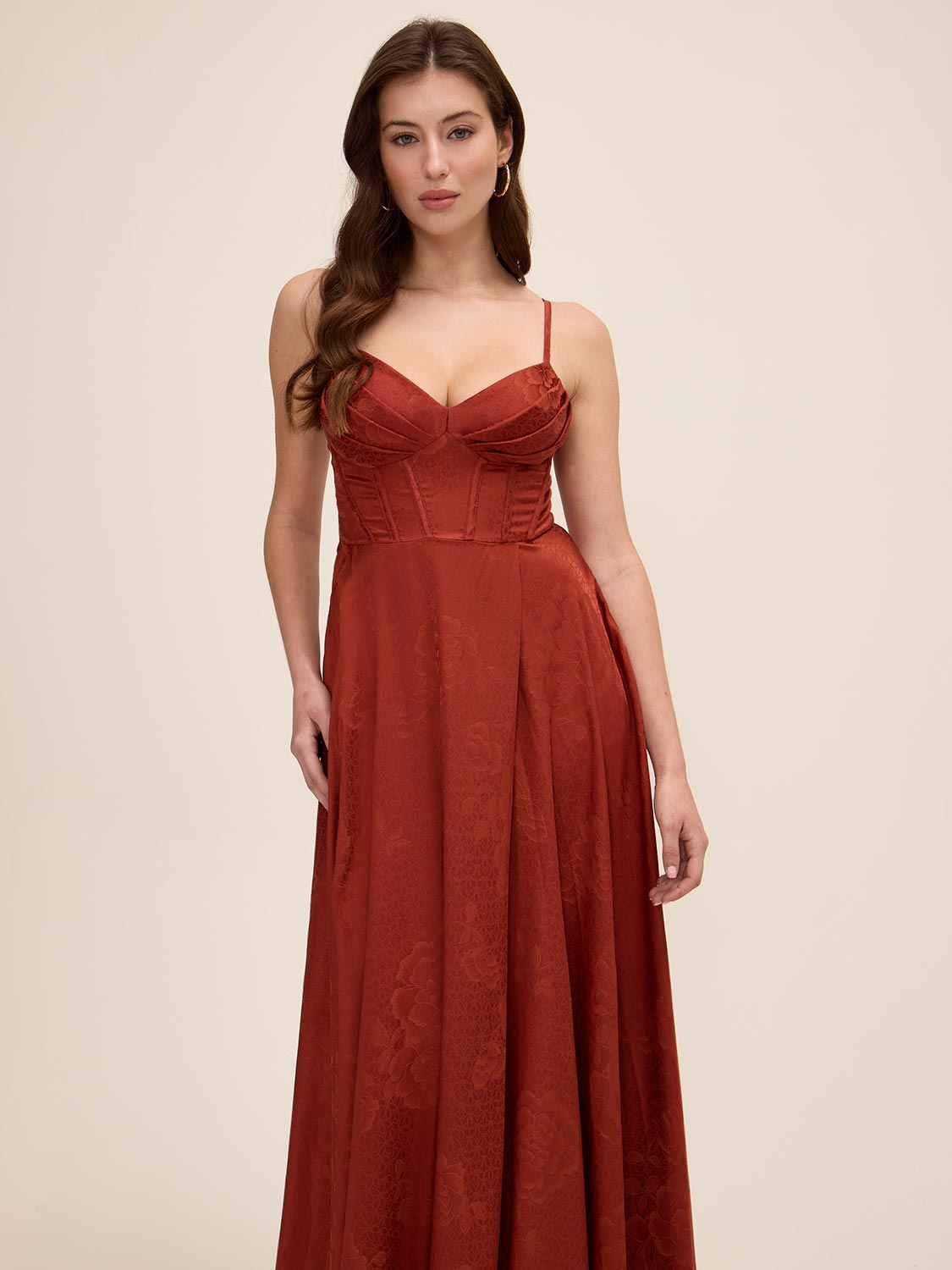 Rust Jacquard Floral Gown with Sweetheart Neckline - Woman Wearing Elegant Evening Dress - Le Chateau