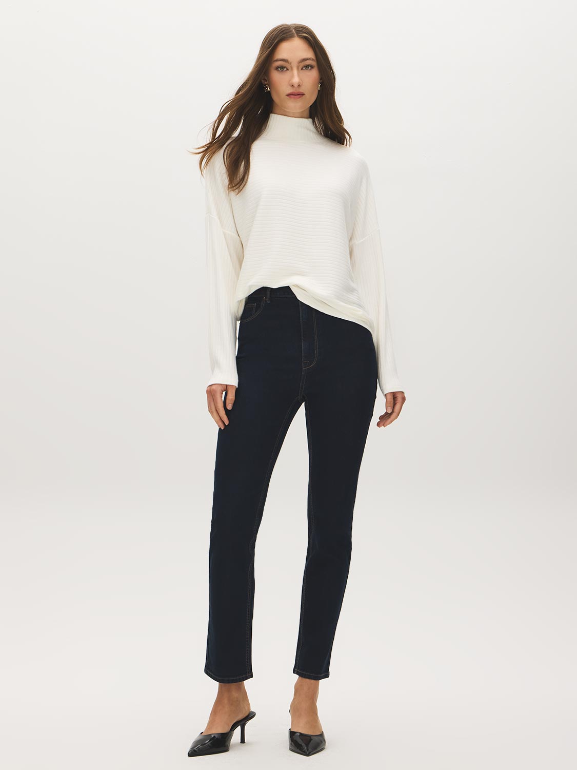 Indigo Rinse High-Rise Slim Leg Denim Pant - Woman Wearing Slim Fit Ankle-Length Jeans - Suzy Shier