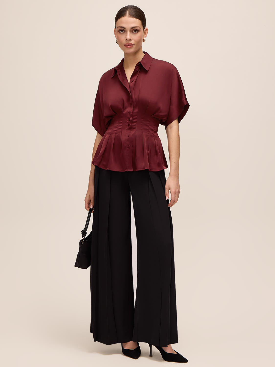 Bordeaux Satin Pleated Waist Blouse - Front View - Le Chateau