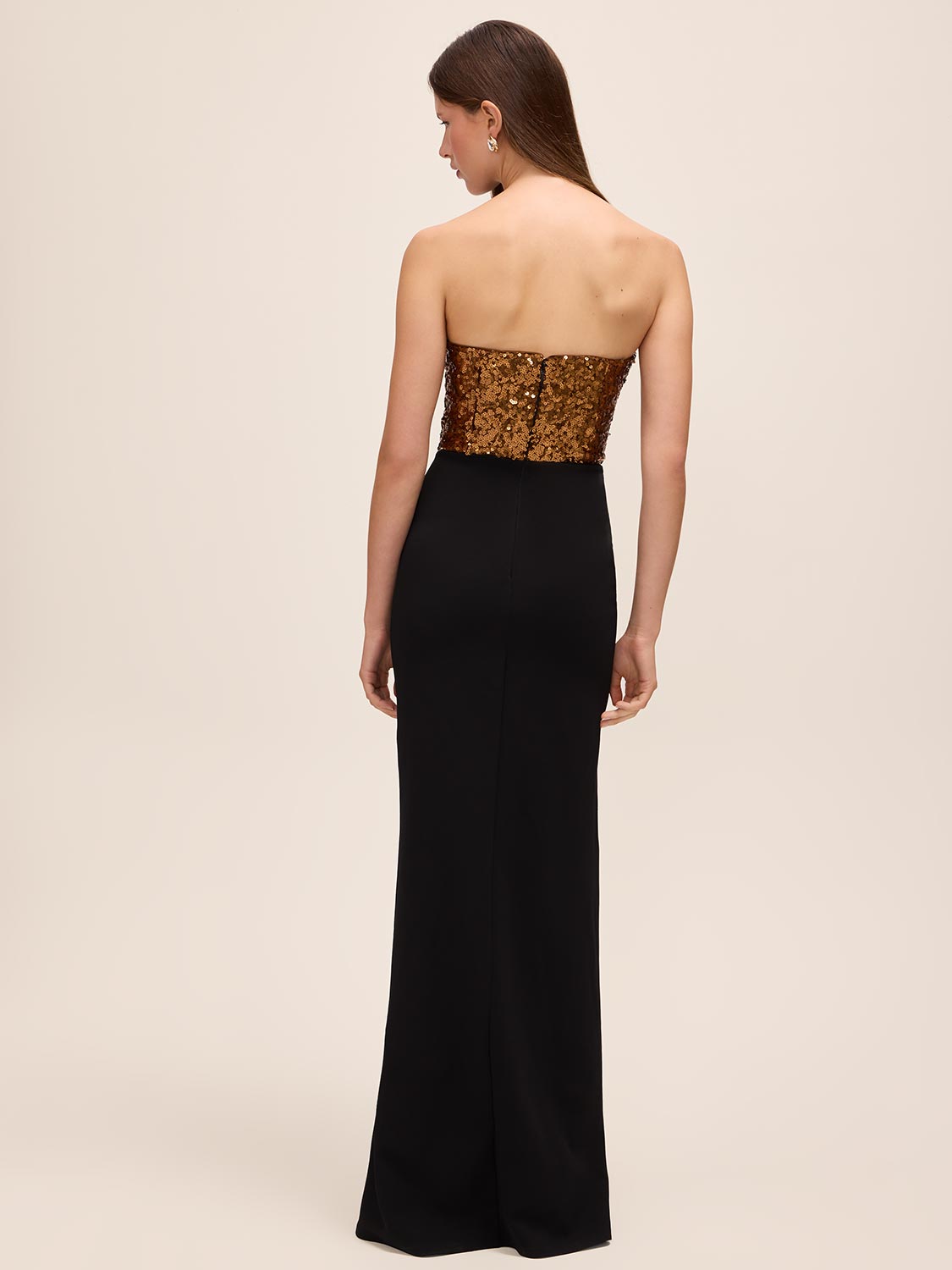 Black/Copper Sequin Bustier Dress with Draped Skirt - Back View - Le Chateau