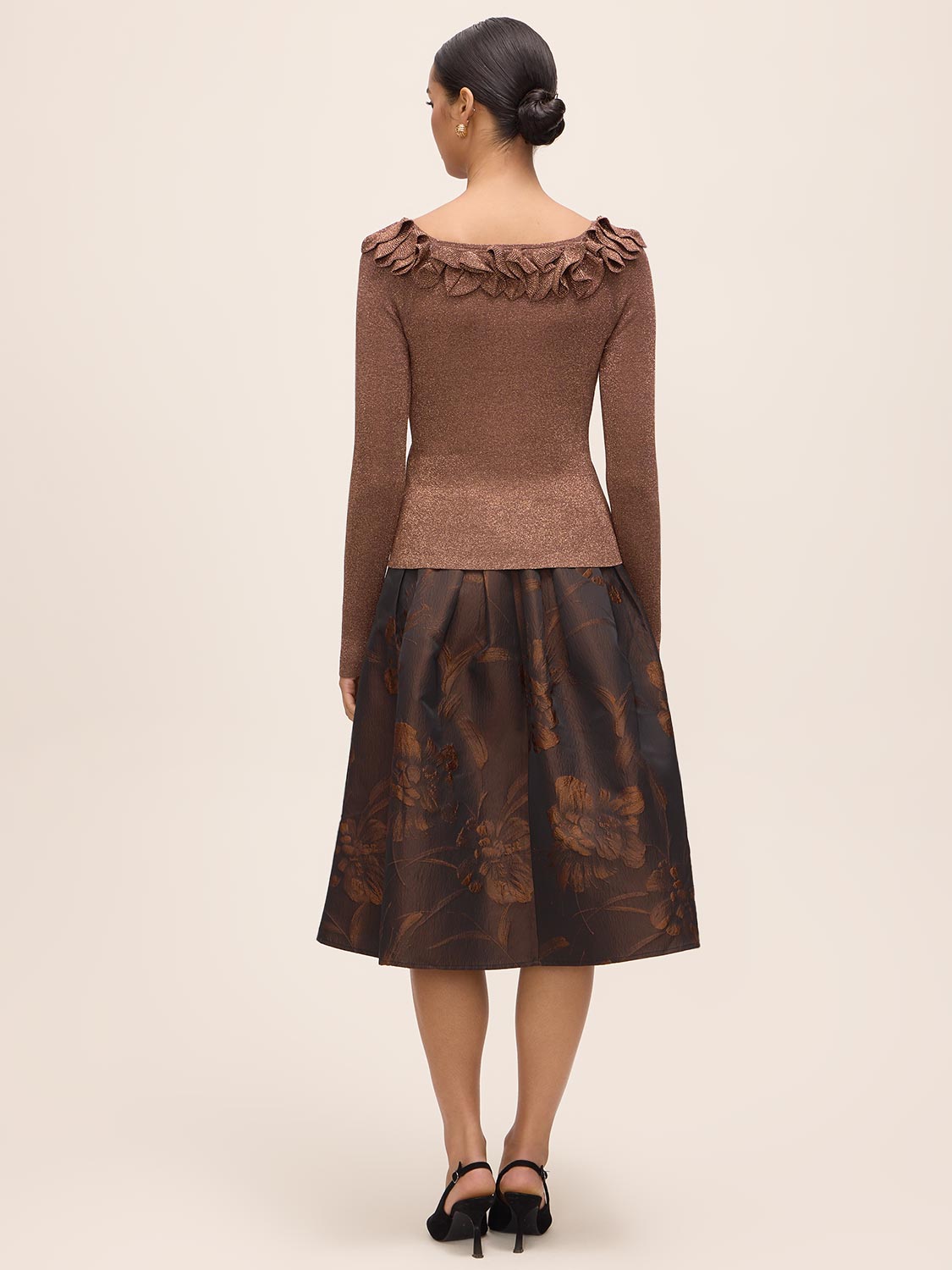 Copper Lurex Ruffle Off-Shoulder Sweater - Back View - Le Chateau