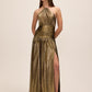 Bronze Liquid Stripe Foil Gown - Woman Wearing Halter Neck Dress with Pleated Skirt - Le Chateau