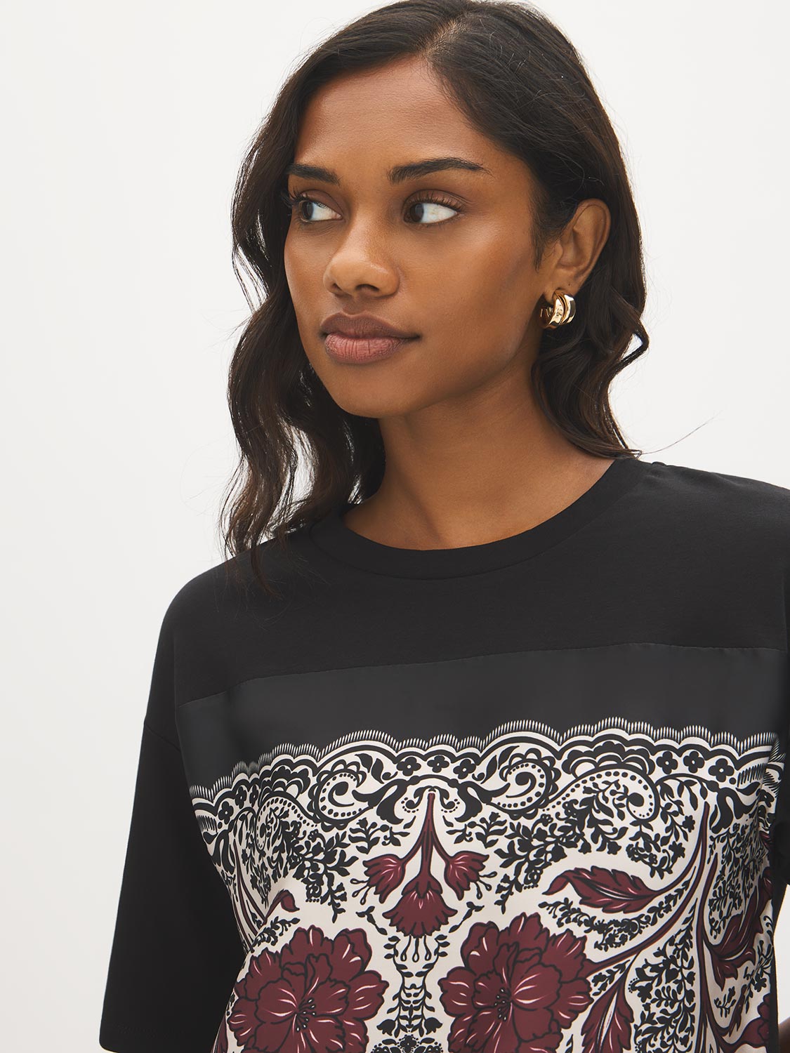 Jet Black Scarf Print Jersey Top - Close-up Fabric Detail - Suzy Shier