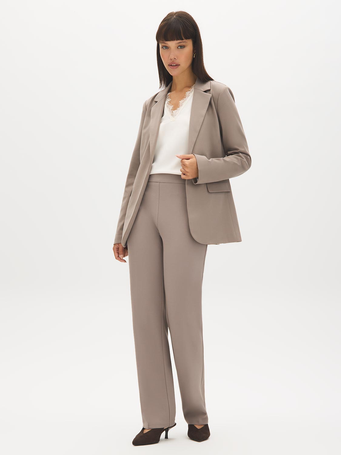 Scarab Pull-On Straight Leg Pant with Waist Tabs - Woman Wearing Clean Front Trousers - Suzy Shier
