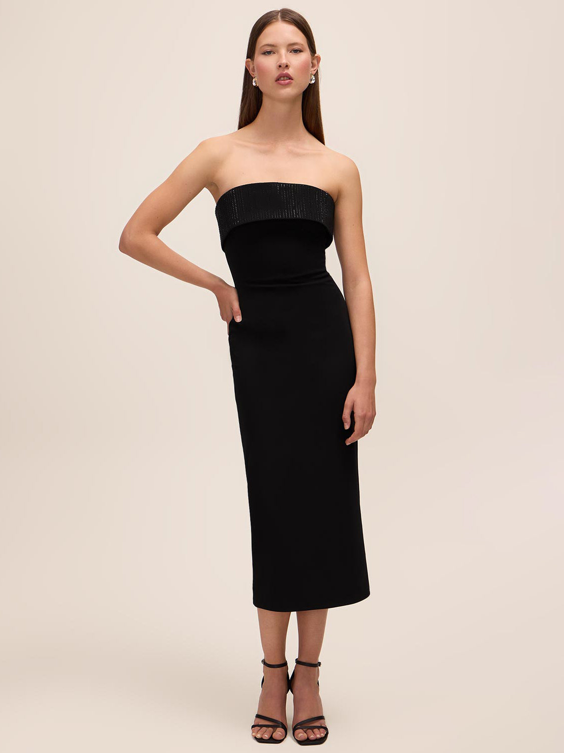 Black Knit Crepe Midi Sheath Dress - Woman Wearing Midi Dress with Embellished Band - Le Chateau