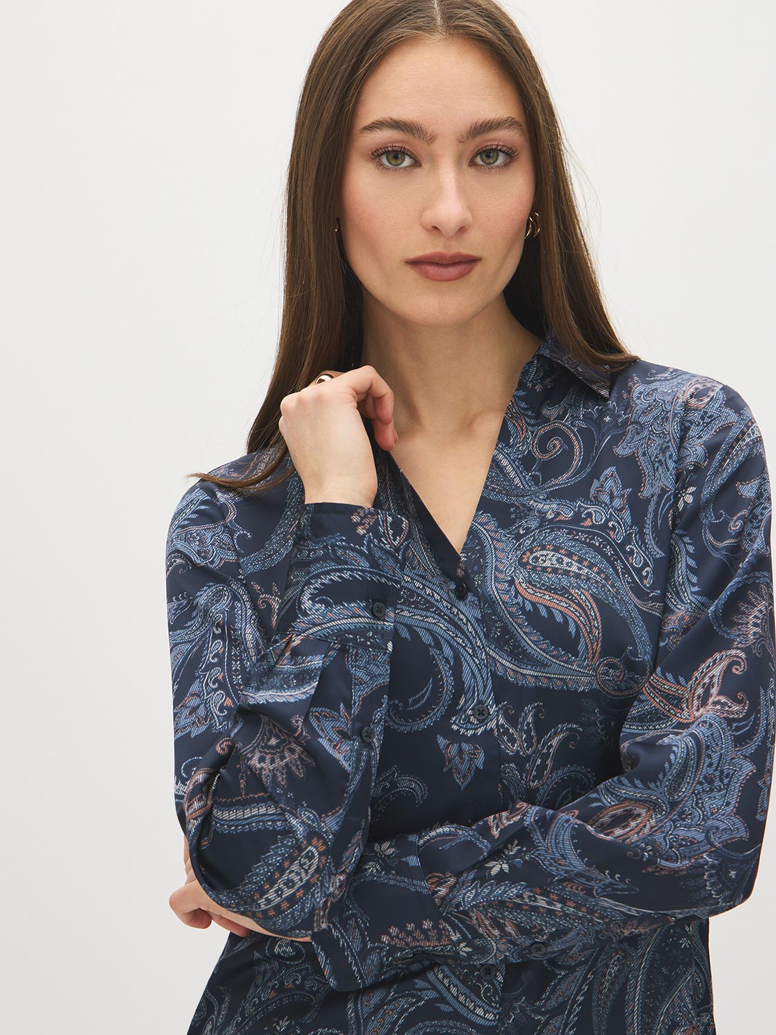 Navy Printed Satin V-Neck Blouse - Close-up Fabric Detail - Suzy Shier