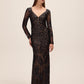 Black/Nude Leaf Pattern Sequin V-Neck Gown - Woman Wearing Elegant Evening Dress - Le Chateau