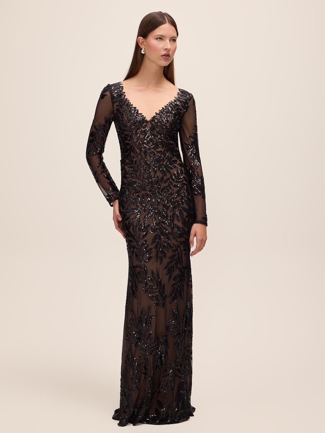 Black/Nude Leaf Pattern Sequin V-Neck Gown - Woman Wearing Elegant Evening Dress - Le Chateau