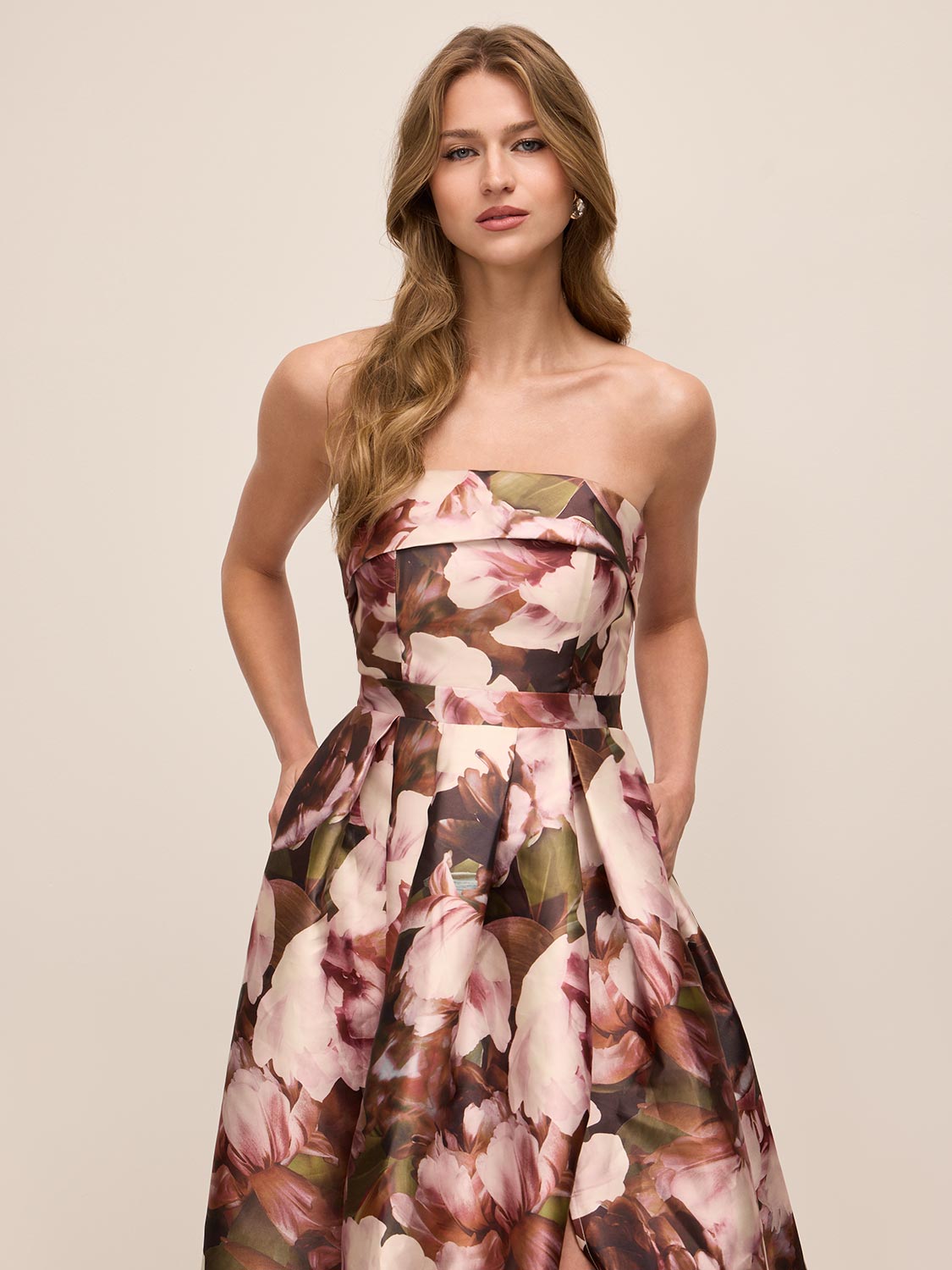 Black Cherry and Mauve Strapless Floral Print Ballgown - Front View - Le Chateau