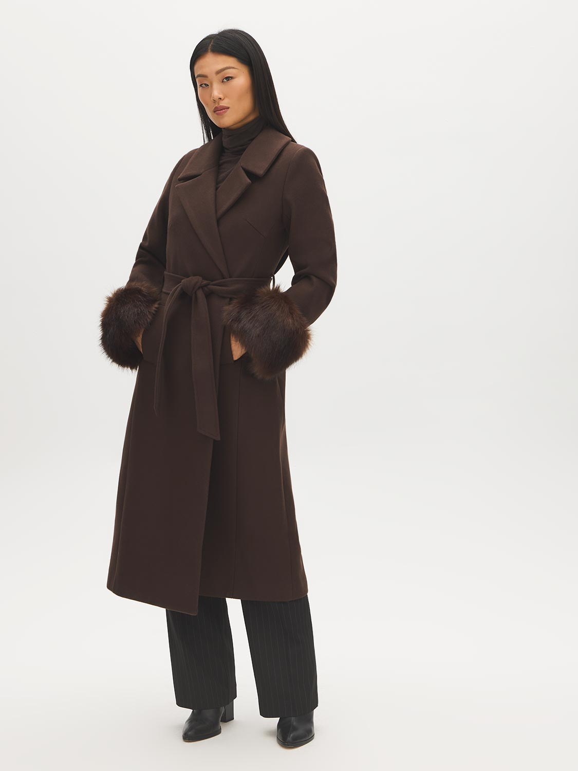Dark Brown Melange Long Belted Faux Wool Coat - Front View - Suzy Shier