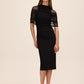 Black Knit Crepe Sheath Dress with Mesh Cape Overlay - Woman Wearing Evening Dress - Le Chateau