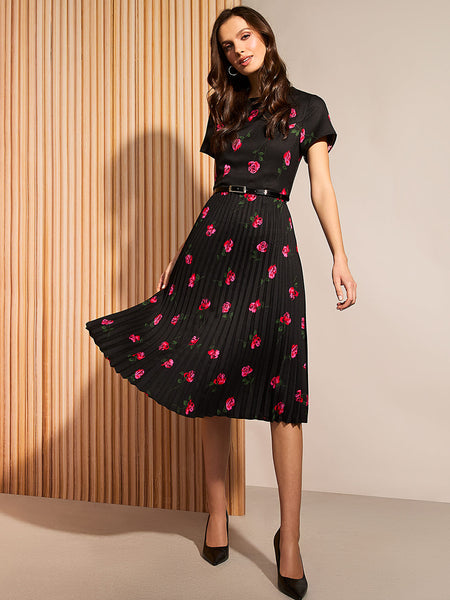 Floral Print Belted Pleated Midi Dress