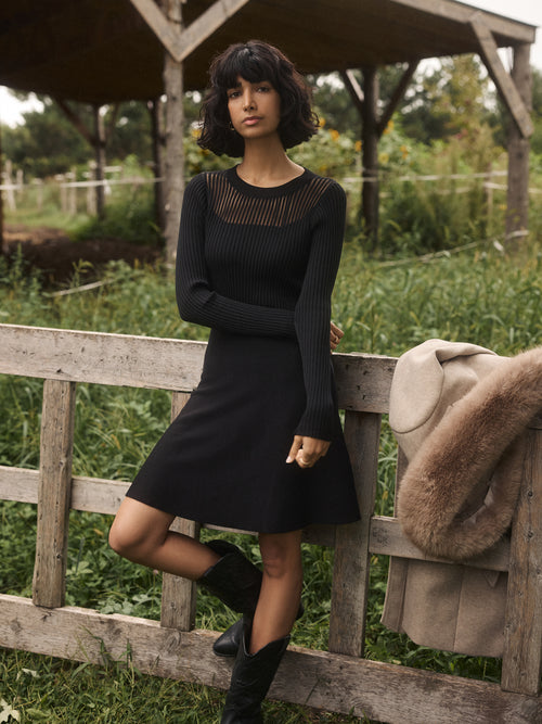 Sheer Yoke Flared Mini Dress