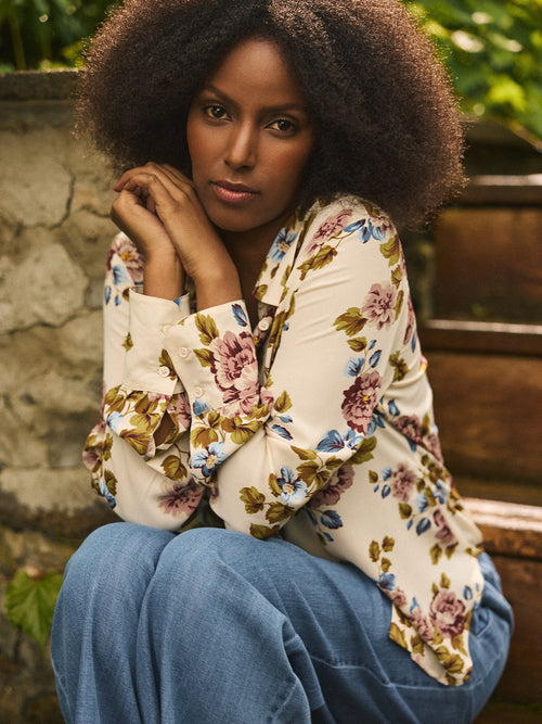 Floral Button-Front Chiffon Blouse