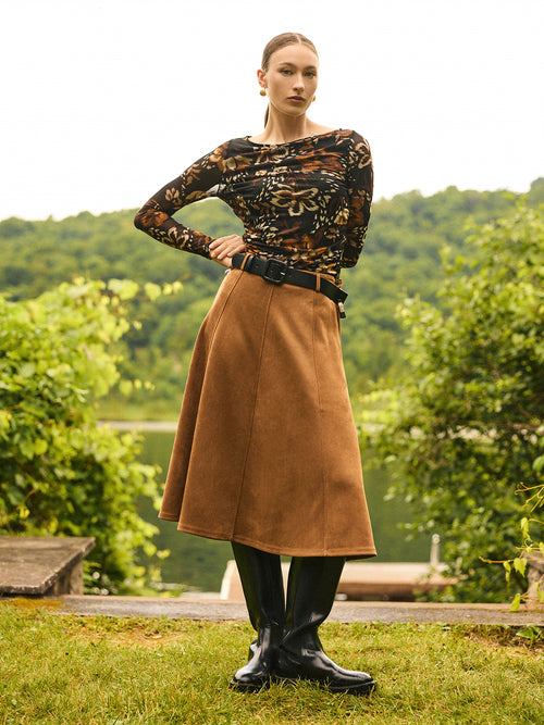 Belted Pleated Faux Suede Skirt