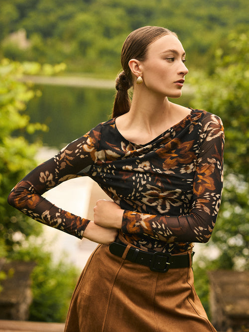 Floral Boat Neck Mesh Top