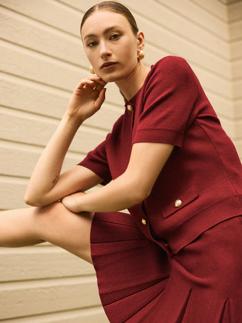 Short Sleeve Button-Up Cardigan Rumba Red