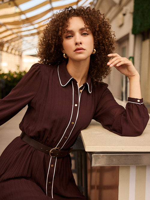 Contrast Piping Pleated Chiffon Shirt Dress
