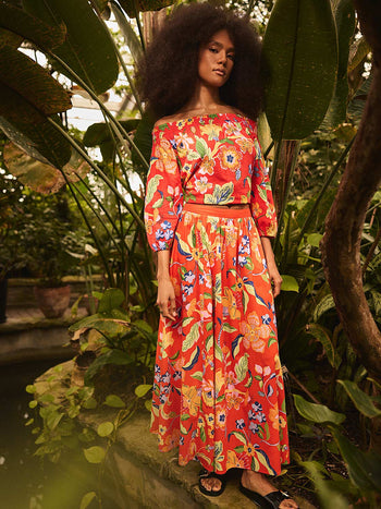 Floral Poplin Maxi Skirt Scarlet