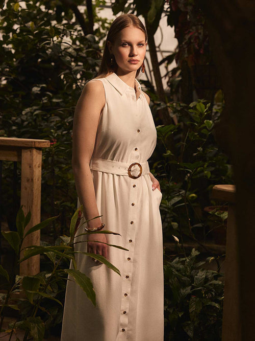 Sleeveless Linen Midi Shirt Dress